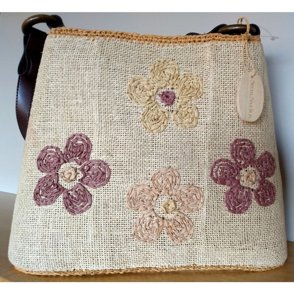 Straw Studios Woven Blush & Purple Floral‎ Summer Beach Zipper Shoulder Bag Tote